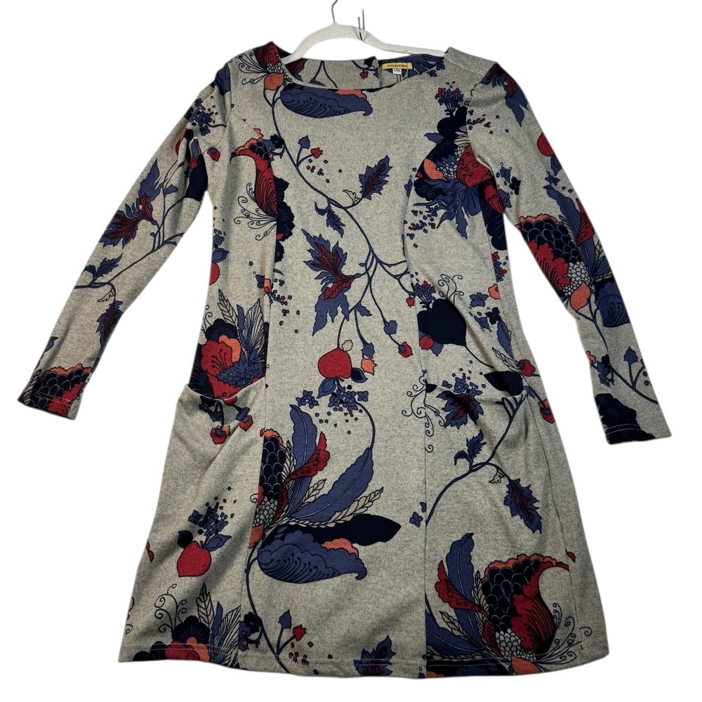 Windhorse Floral Print Long Sleeve Knit Dress Size‎ L/XL Gray Blue Red Pockets